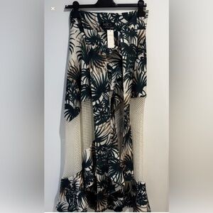 Patbo Asymmetrical Tropical Print Ruffle Maxi Skirt with Mesh Inserts Size S